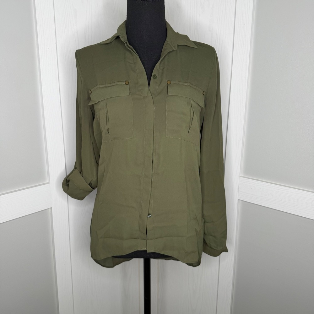 Atmosphere Button Down Shirt Womens Size 2 Olive Green Relaxed Utility Roll Tab